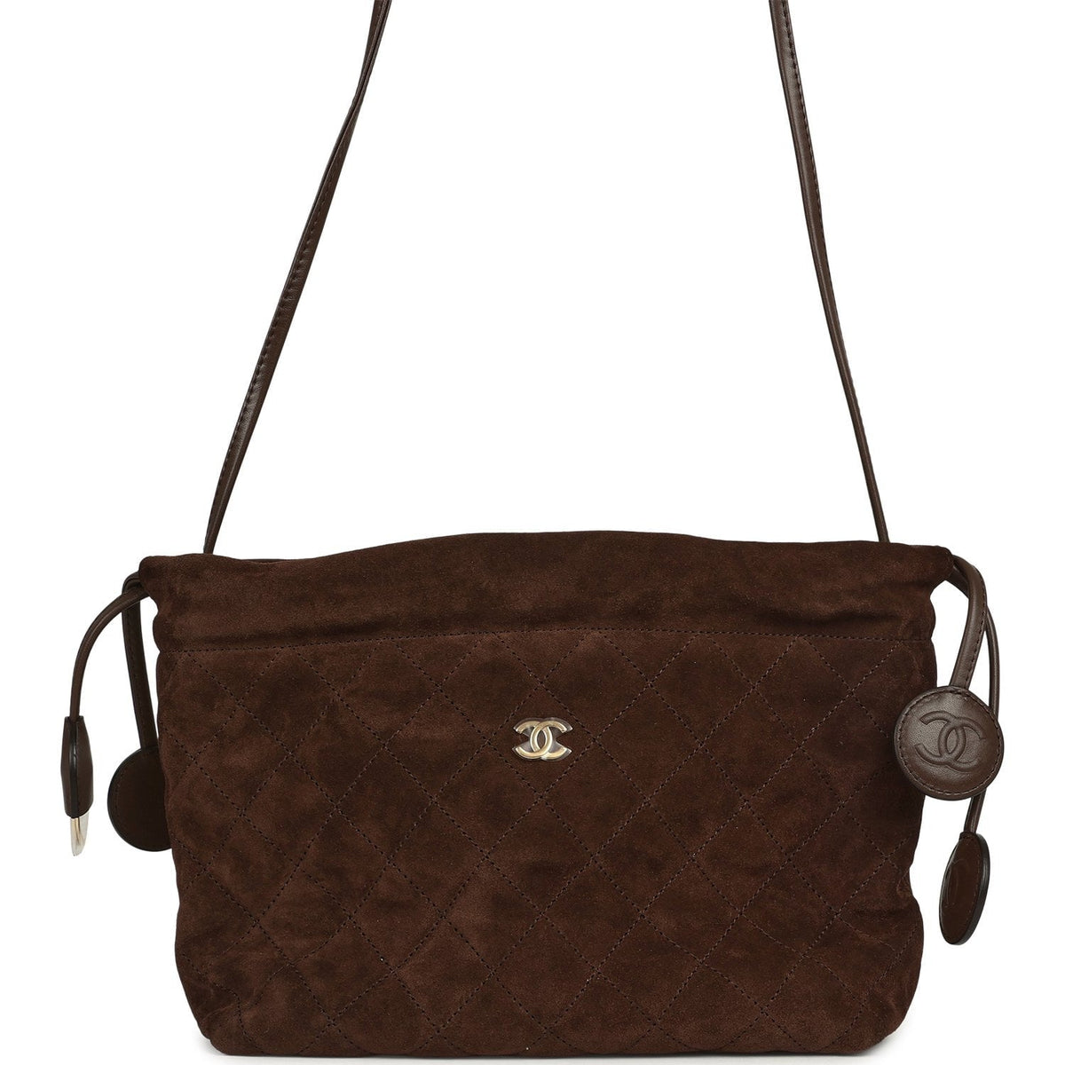 Chanel CC Drawstring Clutch Bag with Leather Strap Dark Brown Suede Gold Hardware