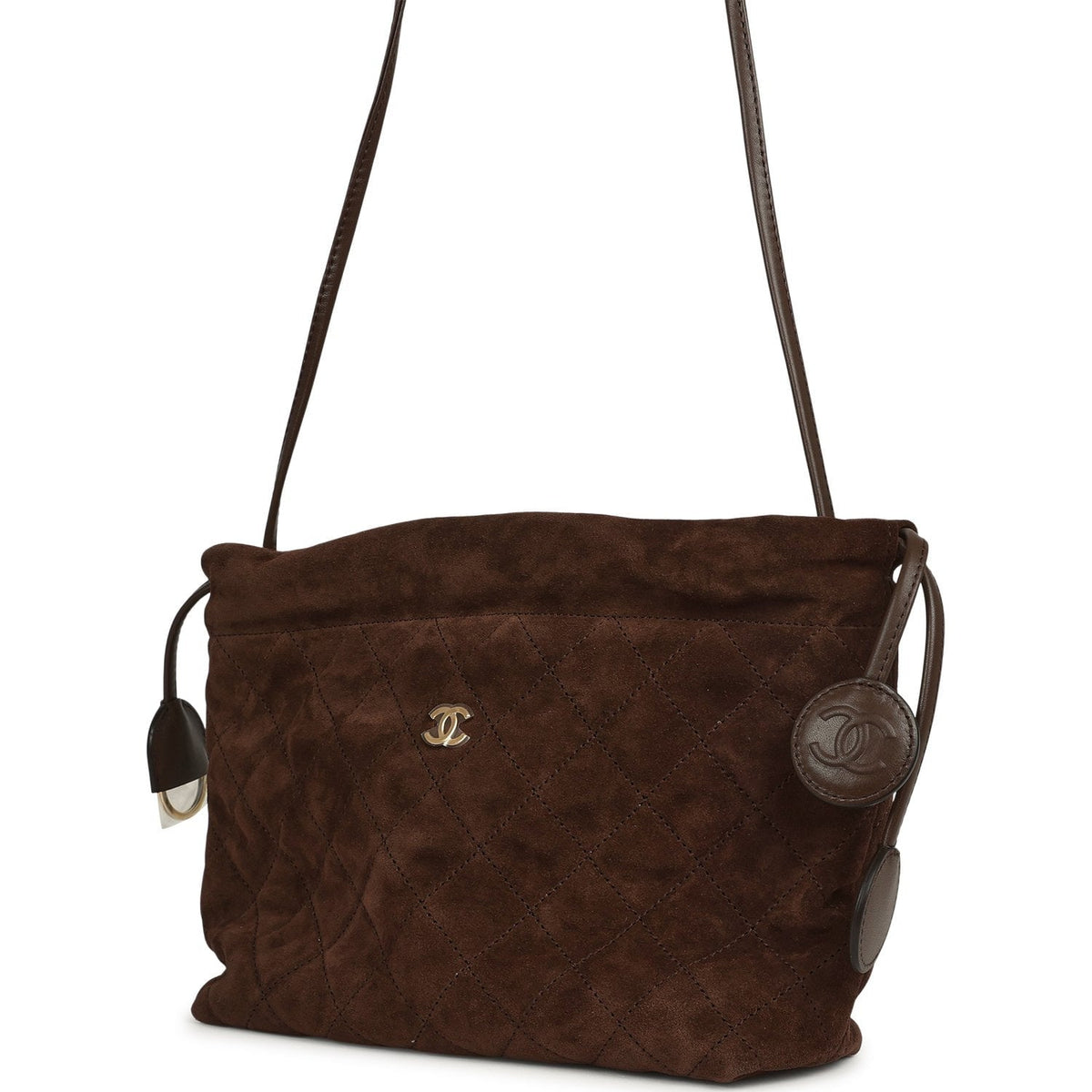 Chanel CC Drawstring Clutch Bag with Leather Strap Dark Brown Suede Gold Hardware