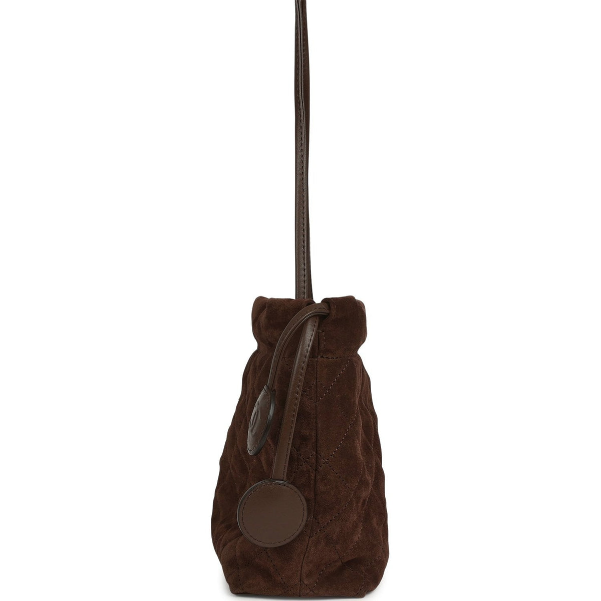 Chanel CC Drawstring Clutch Bag with Leather Strap Dark Brown Suede Gold Hardware