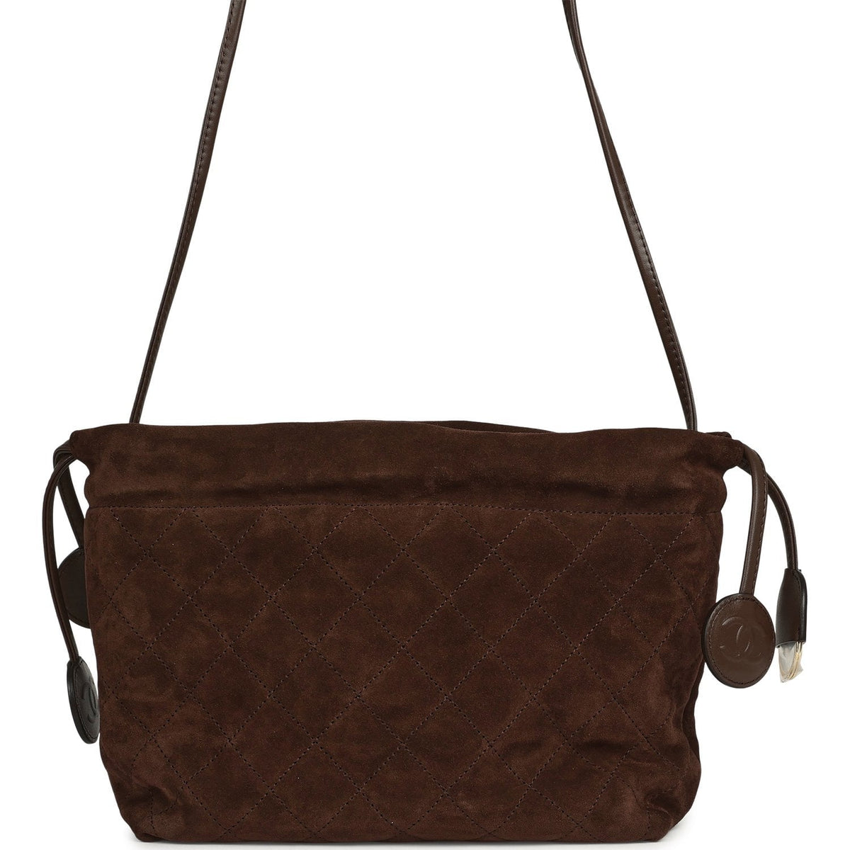 Chanel CC Drawstring Clutch Bag with Leather Strap Dark Brown Suede Gold Hardware
