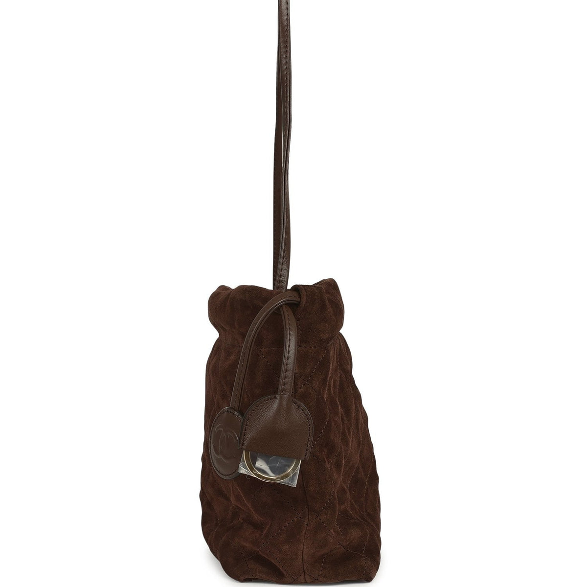 Chanel CC Drawstring Clutch Bag with Leather Strap Dark Brown Suede Gold Hardware