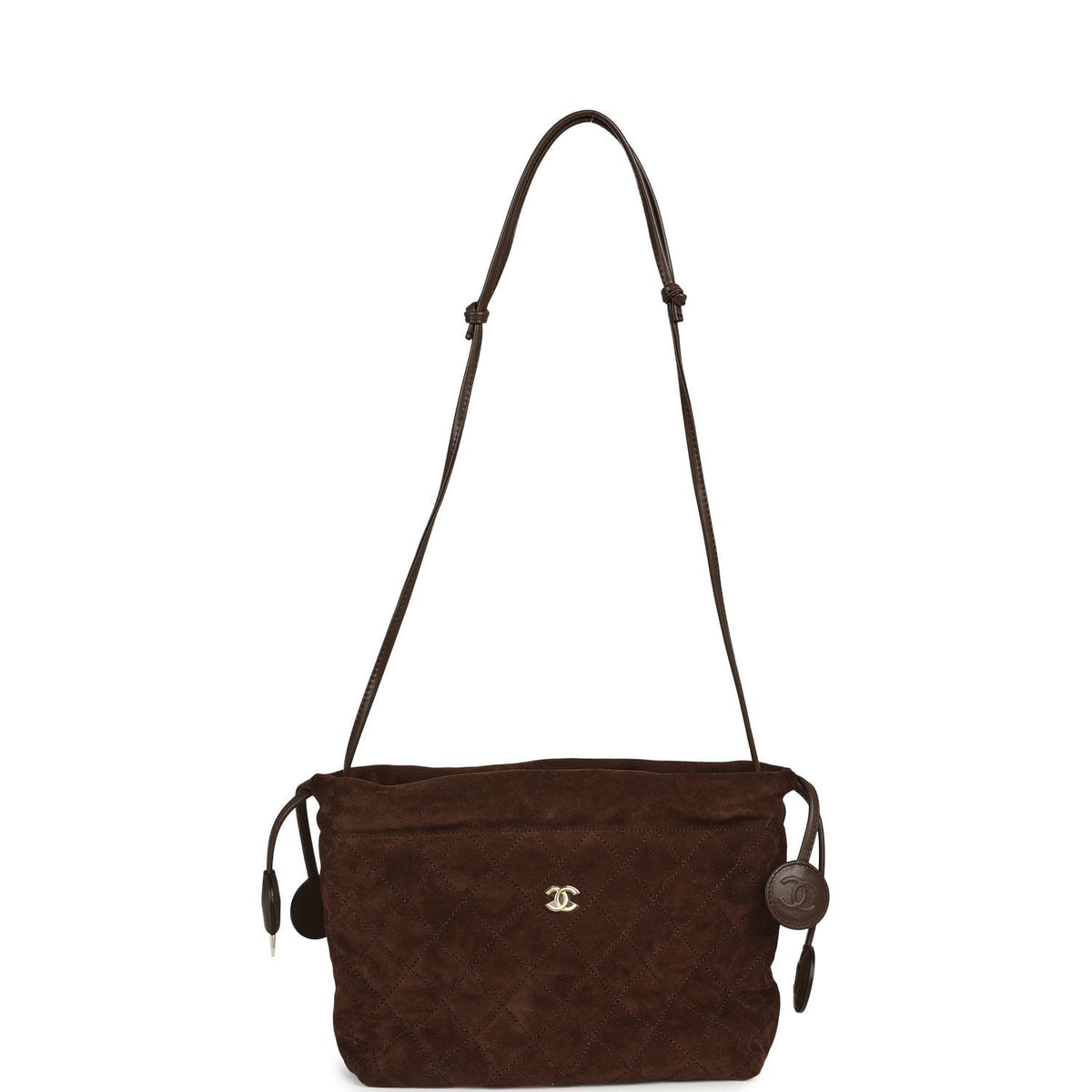 Chanel CC Drawstring Clutch Bag with Leather Strap Dark Brown Suede Gold Hardware