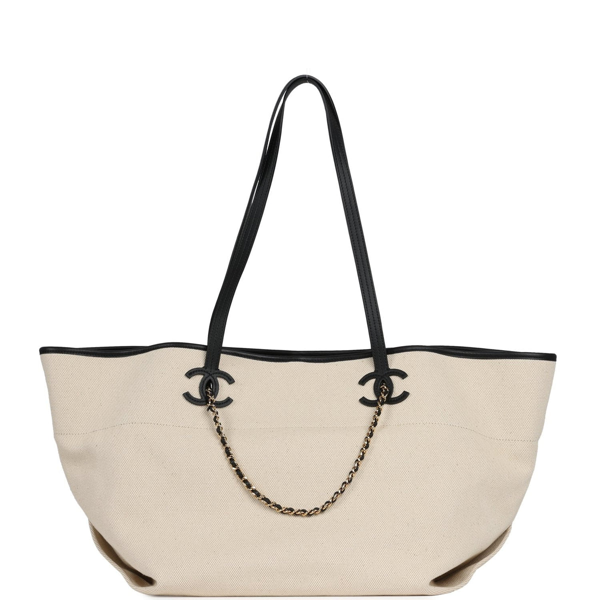Chanel Large CC Shopping Tote Bag Ecru Canvas, Black Calfskin Gold Hardware