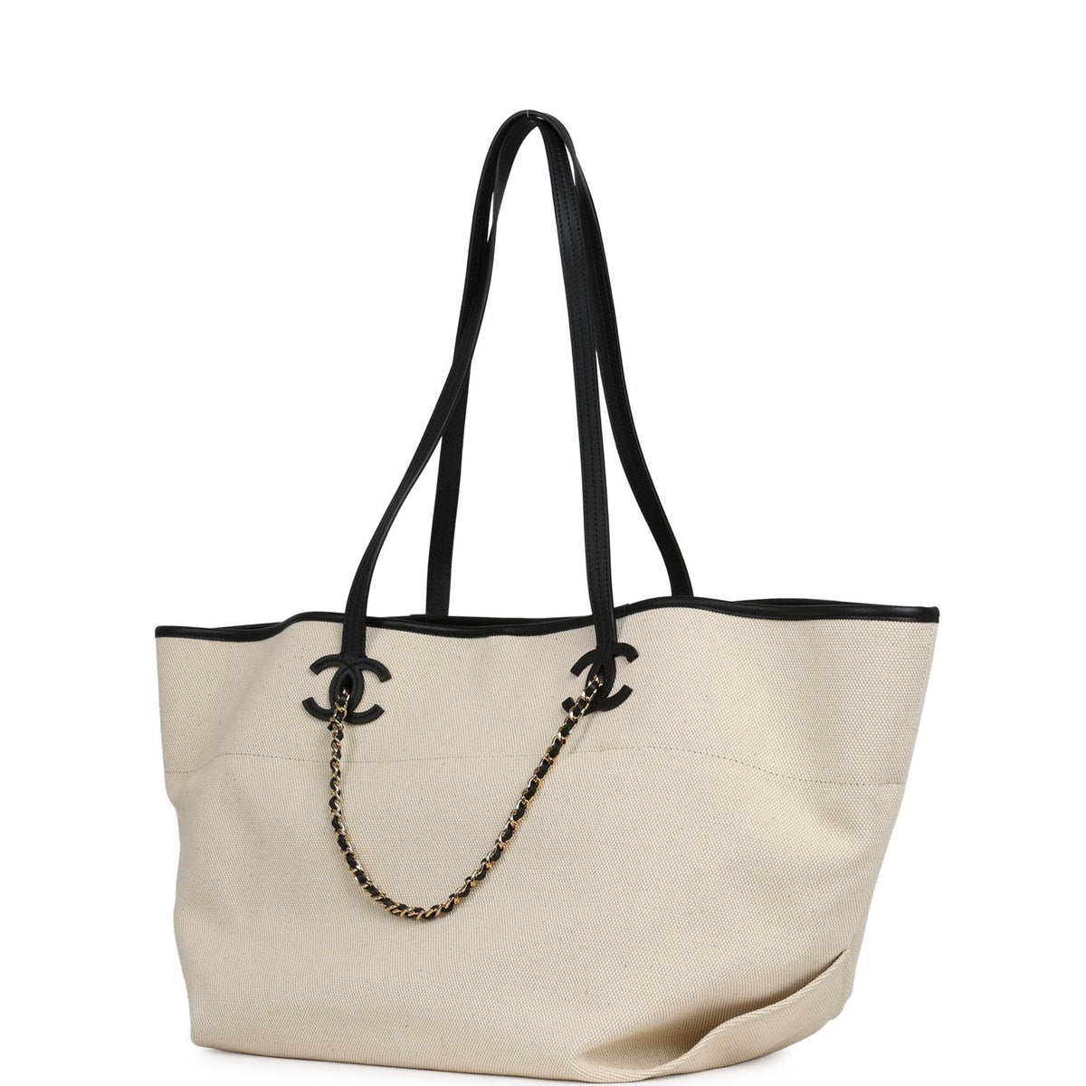 Chanel Large CC Shopping Tote Bag Ecru Canvas, Black Calfskin Gold Hardware