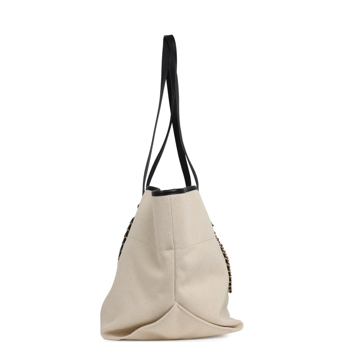 Chanel Large CC Shopping Tote Bag Ecru Canvas, Black Calfskin Gold Hardware