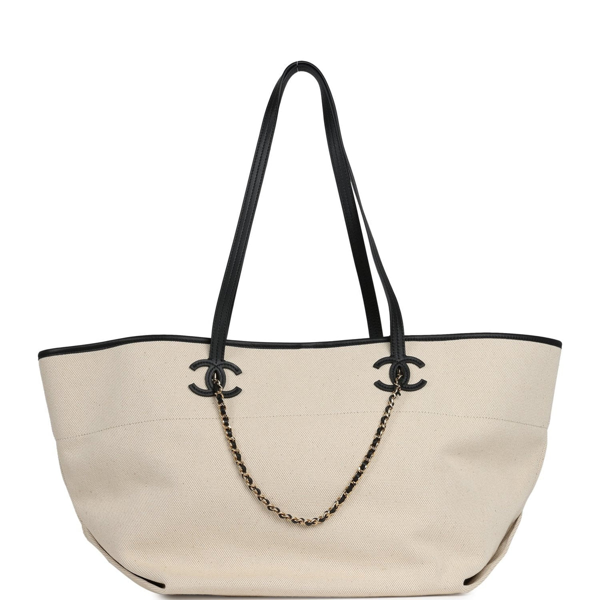 Chanel Large CC Shopping Tote Bag Ecru Canvas, Black Calfskin Gold Hardware