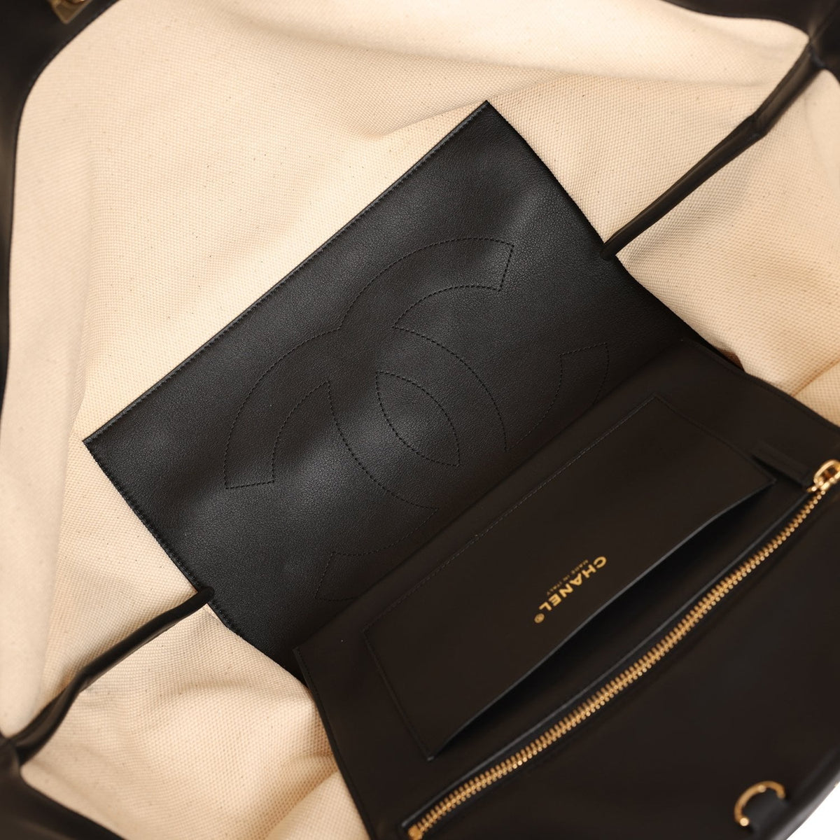 Chanel Large CC Shopping Tote Bag Ecru Canvas, Black Calfskin Gold Hardware