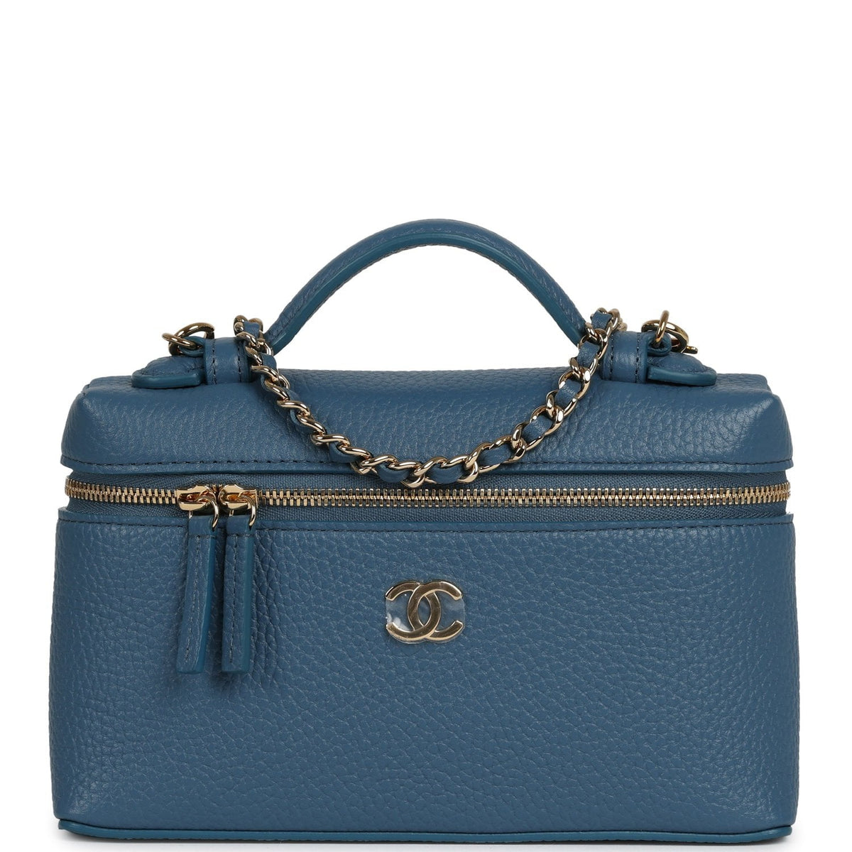 Chanel "Supple" Top Handle Long Vanity Case with Chain  Dark Blue Grained Calfskin Gold Hardware