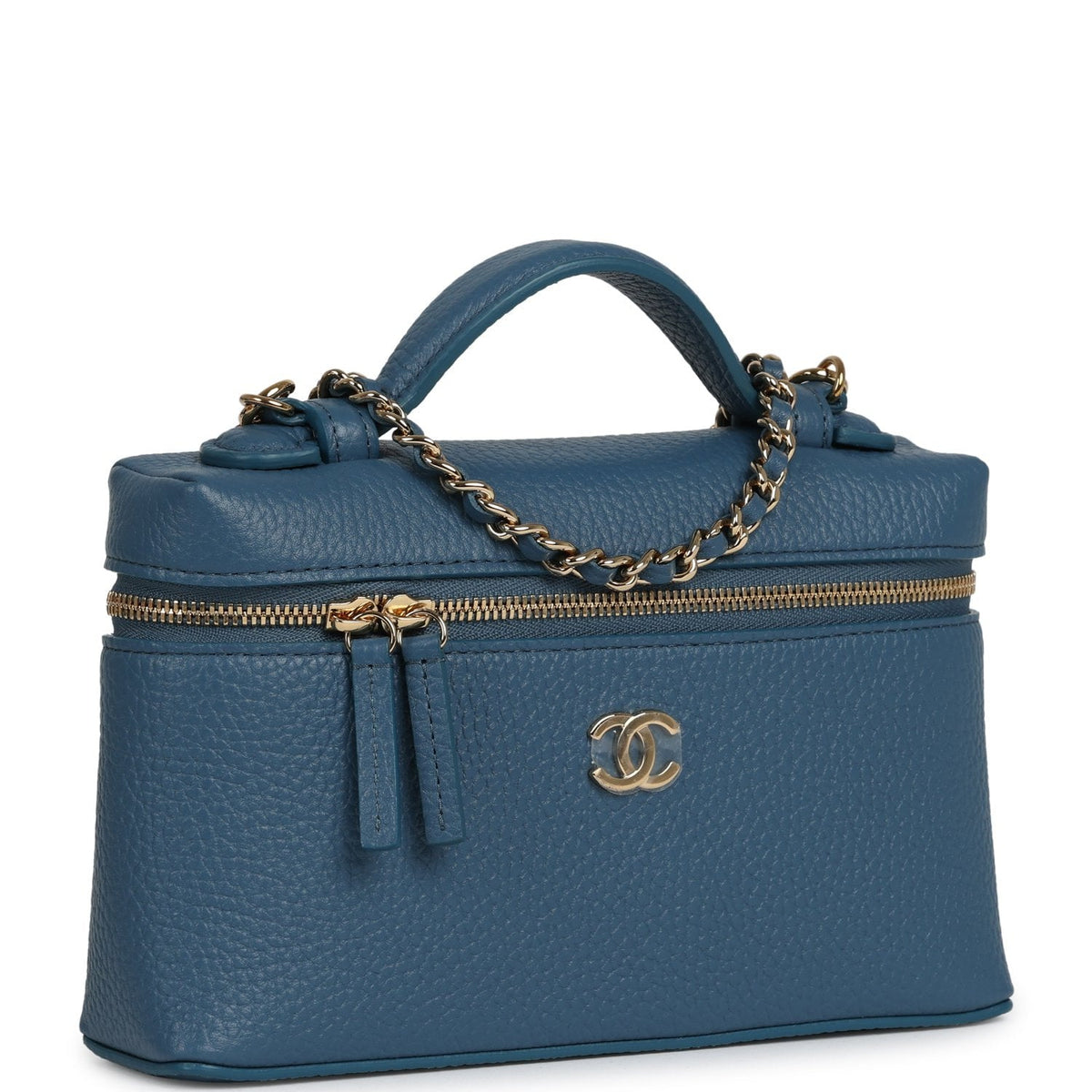 Chanel "Supple" Top Handle Long Vanity Case with Chain  Dark Blue Grained Calfskin Gold Hardware