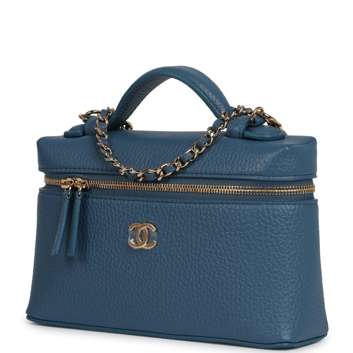 Chanel "Supple" Top Handle Long Vanity Case with Chain  Dark Blue Grained Calfskin Gold Hardware