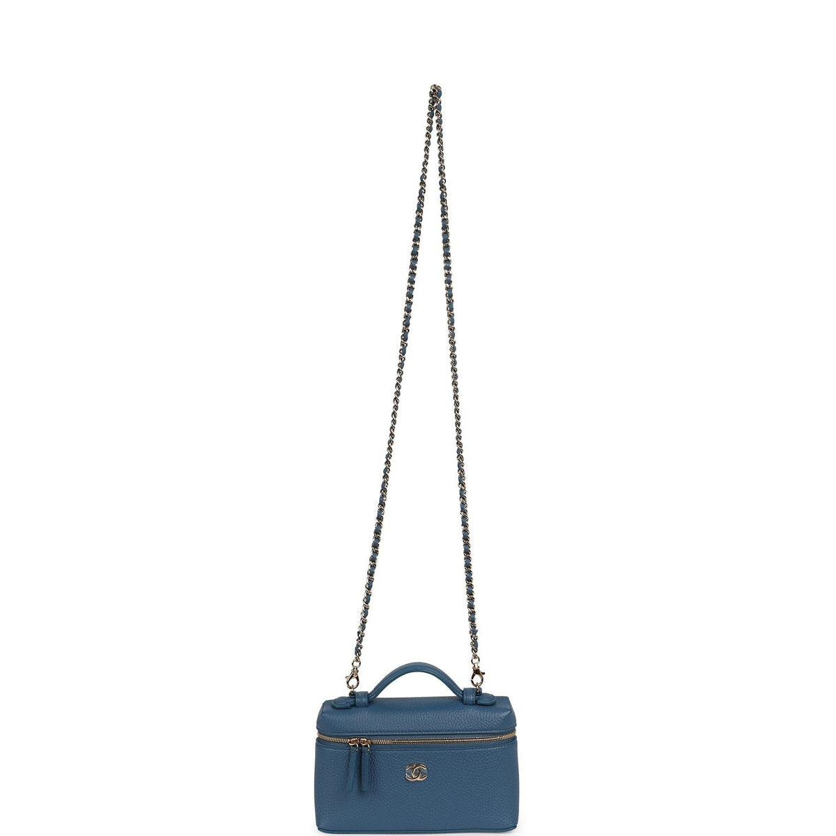 Chanel "Supple" Top Handle Long Vanity Case with Chain  Dark Blue Grained Calfskin Gold Hardware