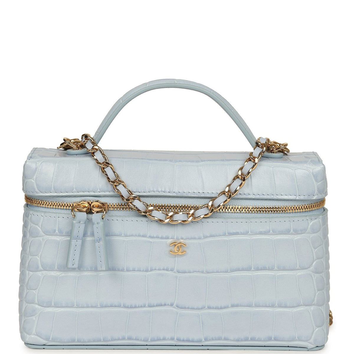 Chanel Top Handle Long Vanity Case with Chain Light Blue Croc Embossed Calfskin Gold Hardware