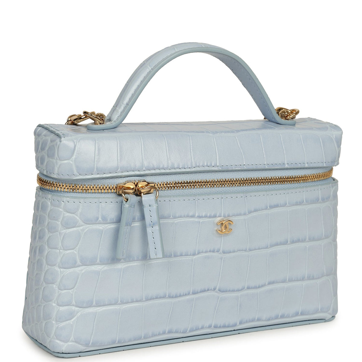 Chanel Top Handle Long Vanity Case with Chain Light Blue Croc Embossed Calfskin Gold Hardware