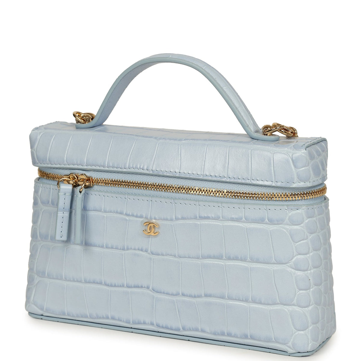 Chanel Top Handle Long Vanity Case with Chain Light Blue Croc Embossed Calfskin Gold Hardware