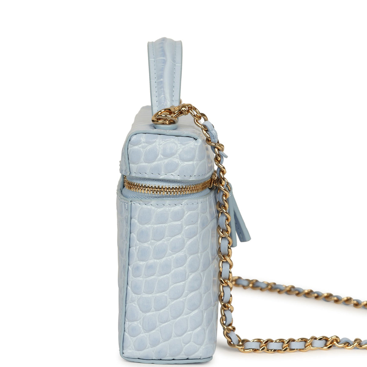 Chanel Top Handle Long Vanity Case with Chain Light Blue Croc Embossed Calfskin Gold Hardware