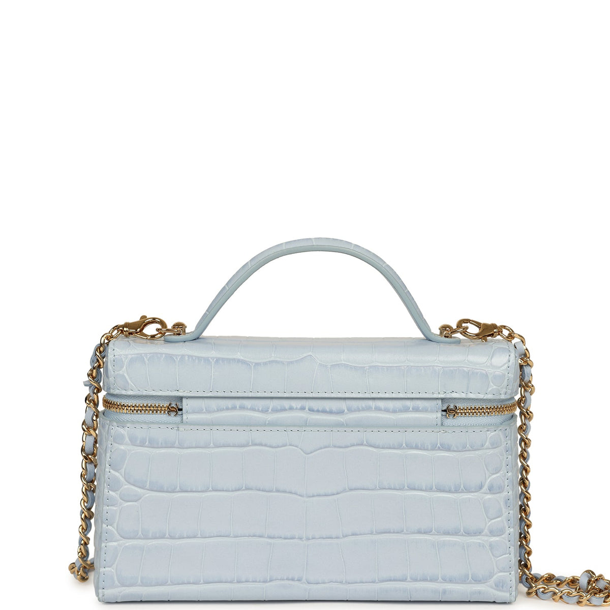 Chanel Top Handle Long Vanity Case with Chain Light Blue Croc Embossed Calfskin Gold Hardware