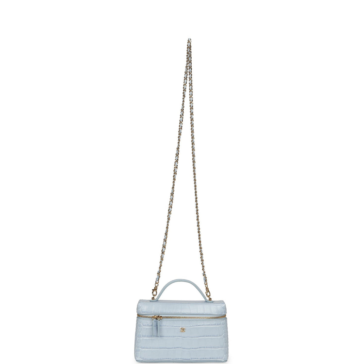 Chanel Top Handle Long Vanity Case with Chain Light Blue Croc Embossed Calfskin Gold Hardware