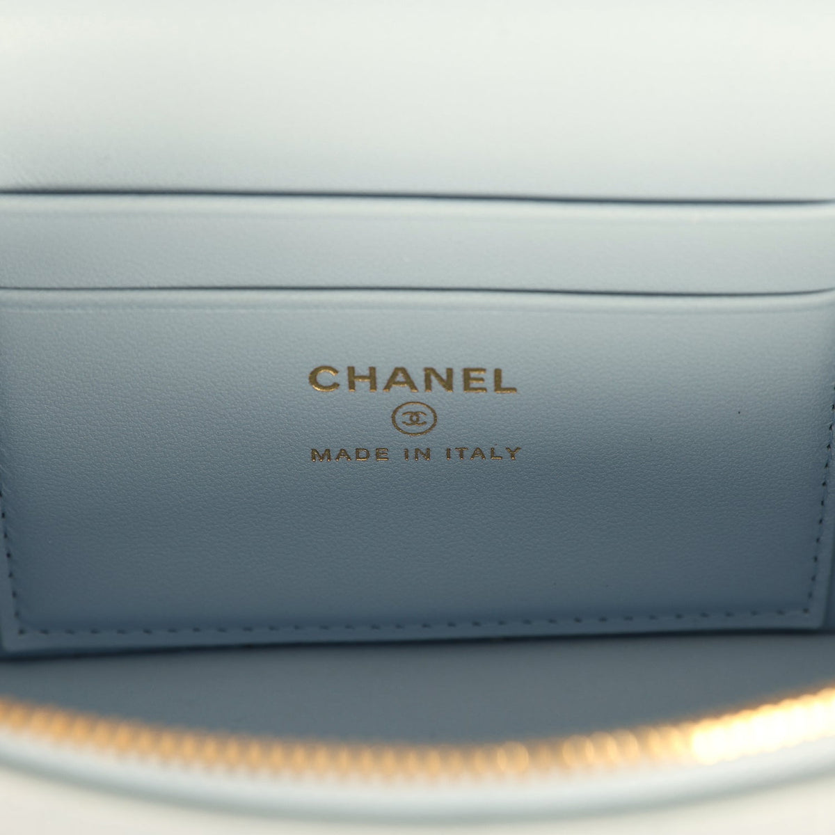 Chanel Top Handle Long Vanity Case with Chain Light Blue Croc Embossed Calfskin Gold Hardware