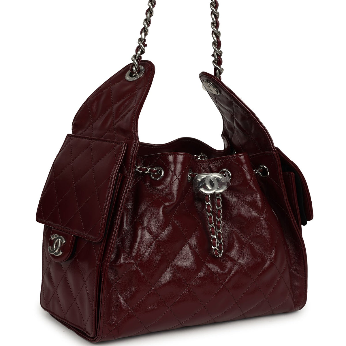 Chanel Small 25 Hobo Bag Dark Burgundy Shiny Lambskin Silver Hardware