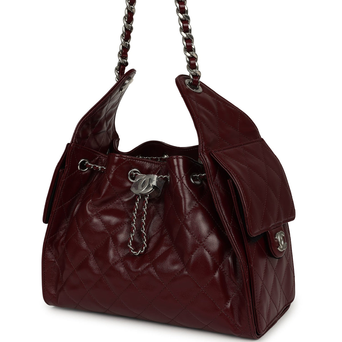Chanel Small 25 Hobo Bag Dark Burgundy Shiny Lambskin Silver Hardware