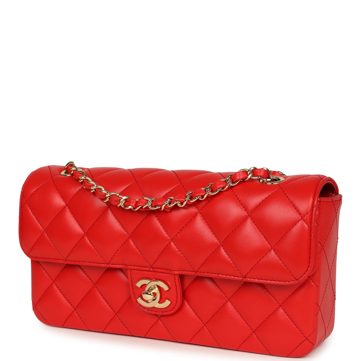 Chanel Medium East West Flap Bag Red Lambskin Gold Hardware