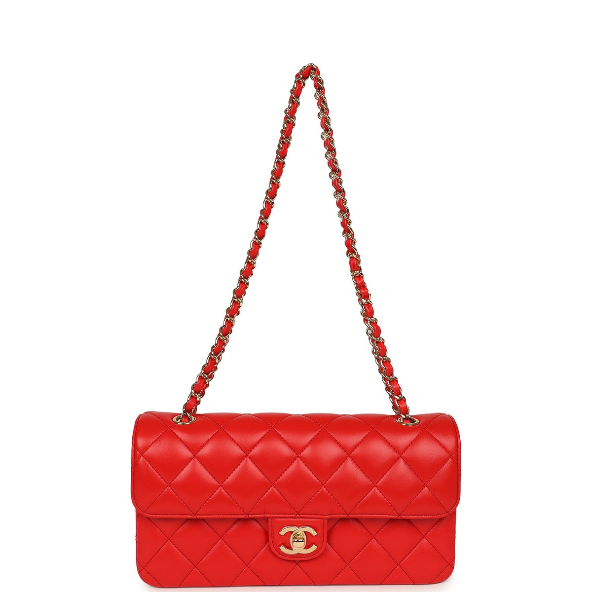 Chanel Medium East West Flap Bag Red Lambskin Gold Hardware