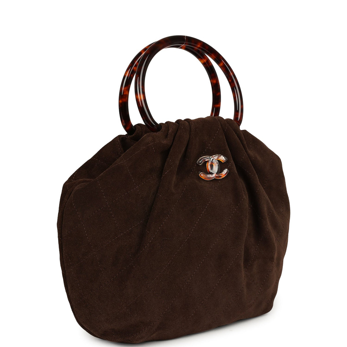 Chanel Large Pouch Dark Brown Suede Tortoiseshell Hardware