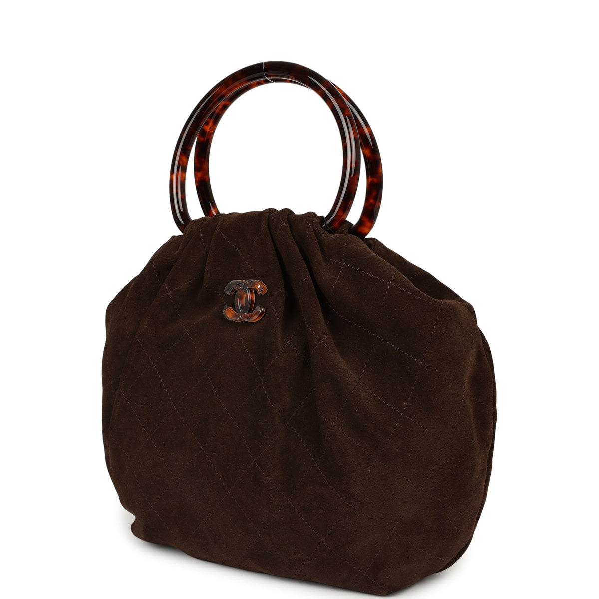 Chanel Large Pouch Dark Brown Suede Tortoiseshell Hardware