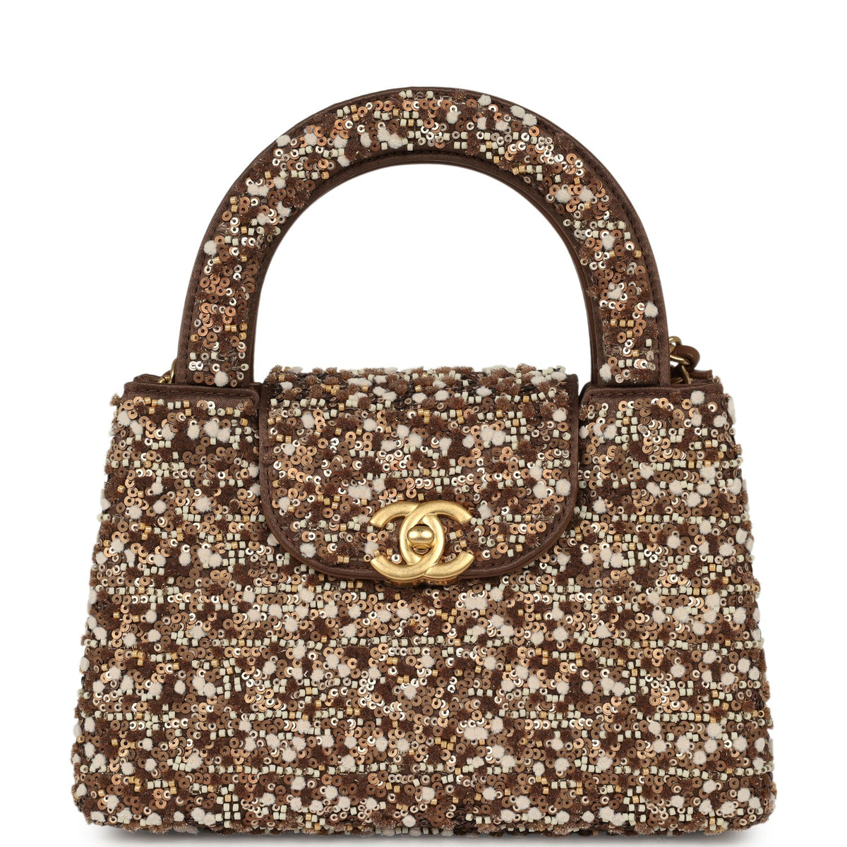 Chanel Small Beaded Kelly Brown, White Sequin, Fabric Brushed Gold Hardware