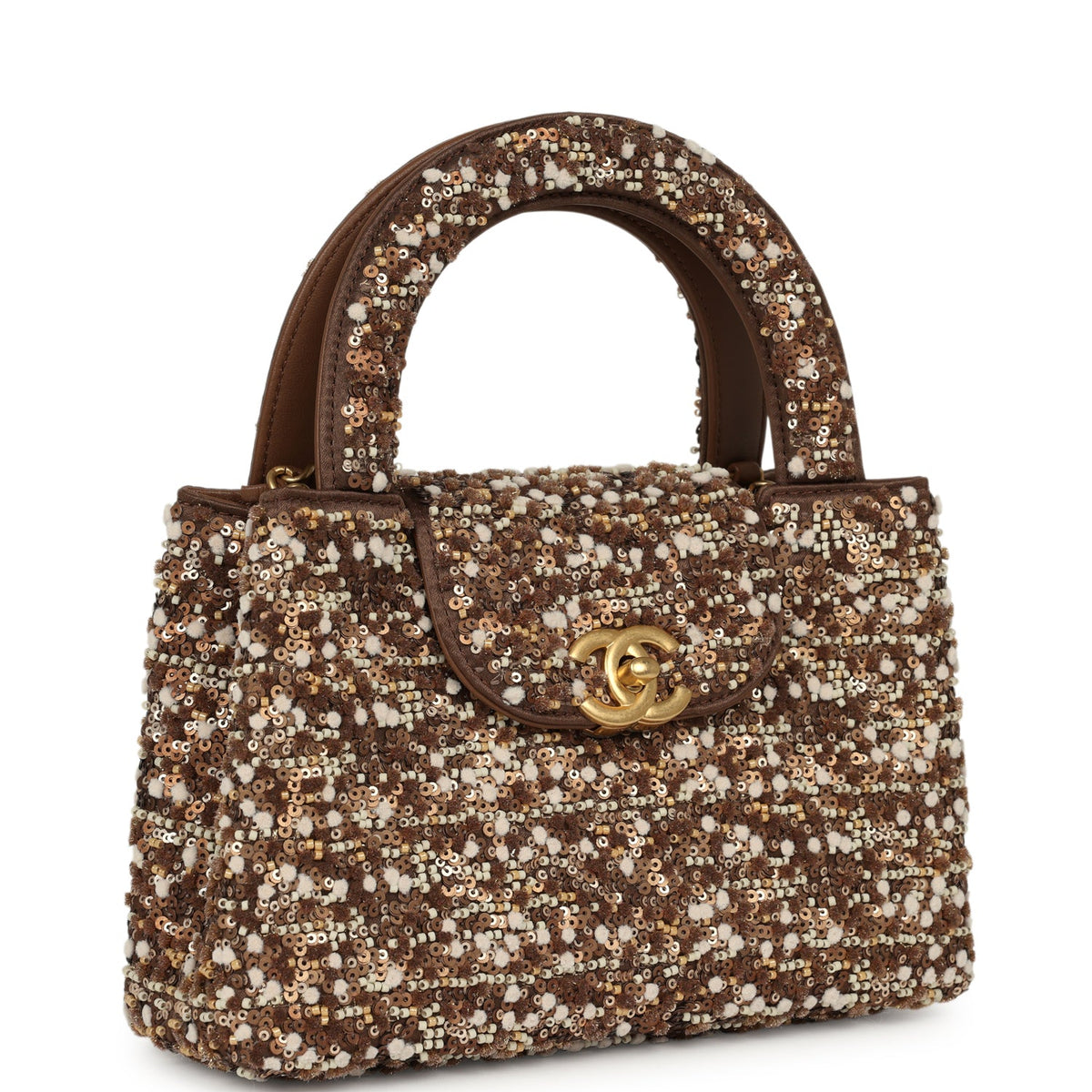 Chanel Small Beaded Kelly Brown, White Sequin, Fabric Brushed Gold Hardware