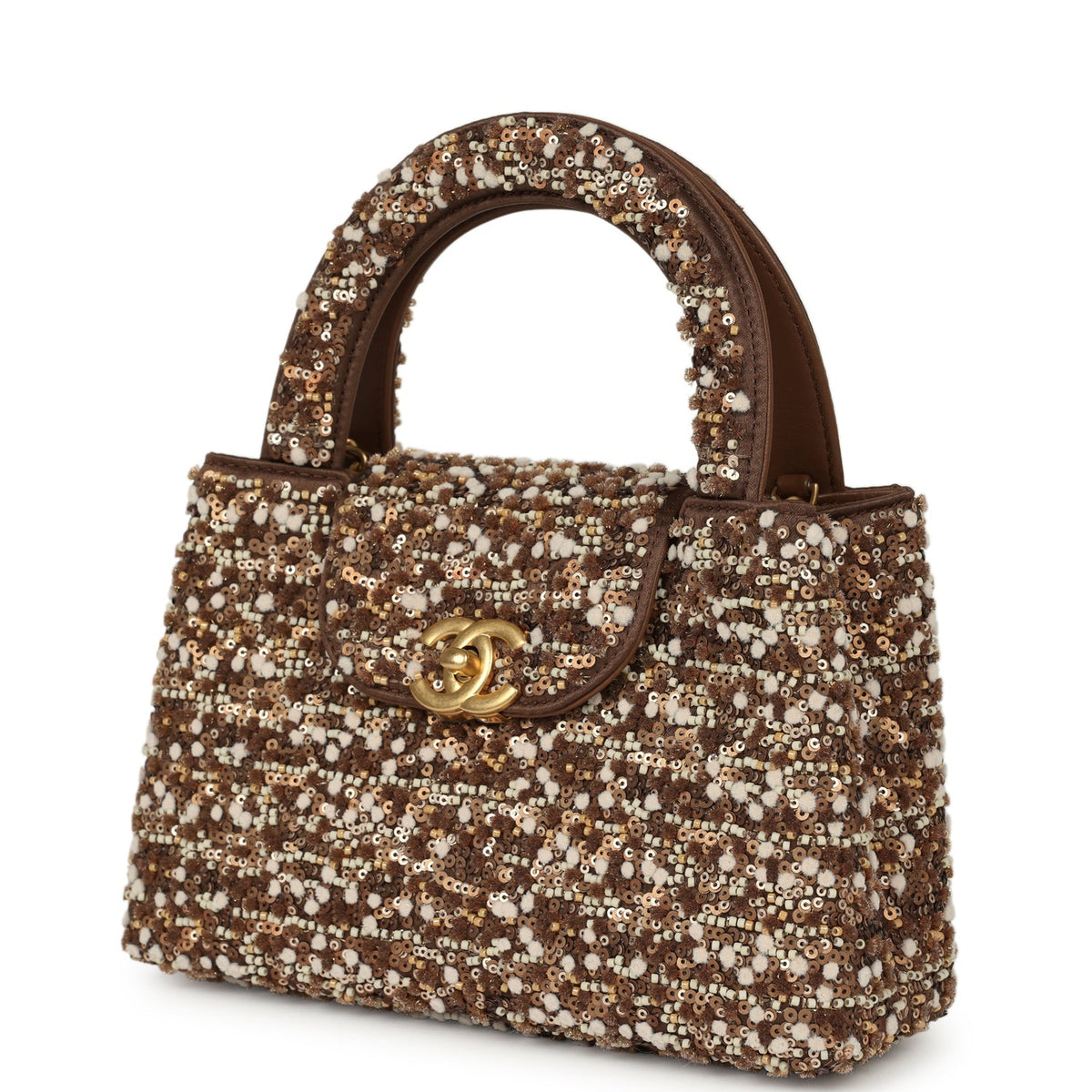 Chanel Small Beaded Kelly Brown, White Sequin, Fabric Brushed Gold Hardware