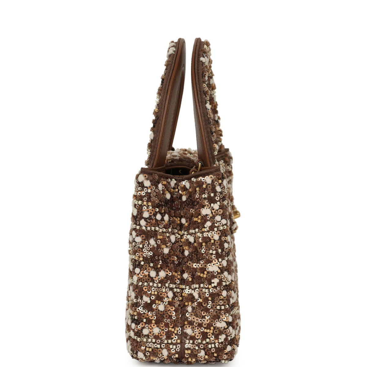 Chanel Small Beaded Kelly Brown, White Sequin, Fabric Brushed Gold Hardware