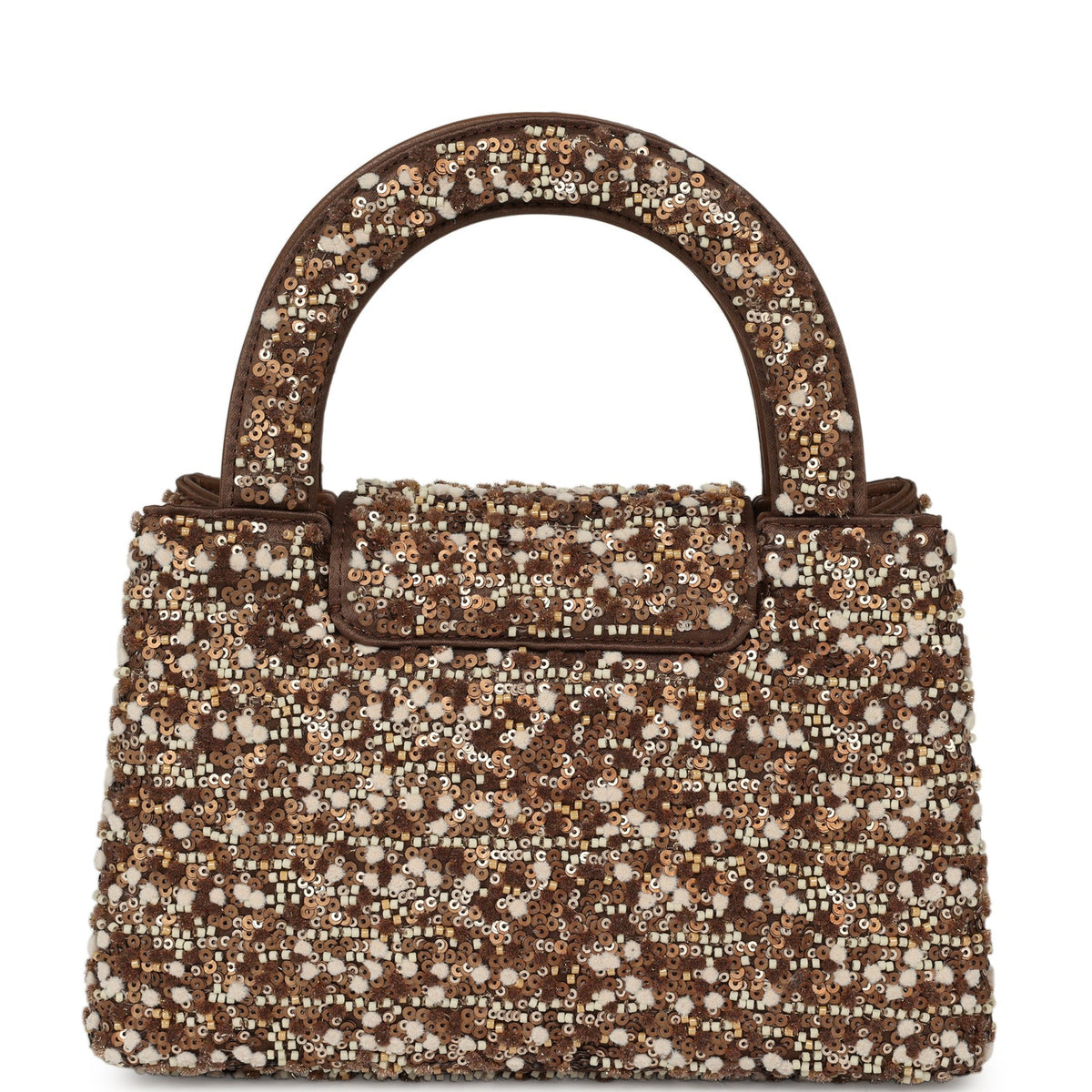 Chanel Small Beaded Kelly Brown, White Sequin, Fabric Brushed Gold Hardware