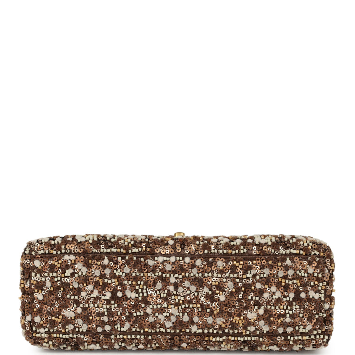Chanel Small Beaded Kelly Brown, White Sequin, Fabric Brushed Gold Hardware