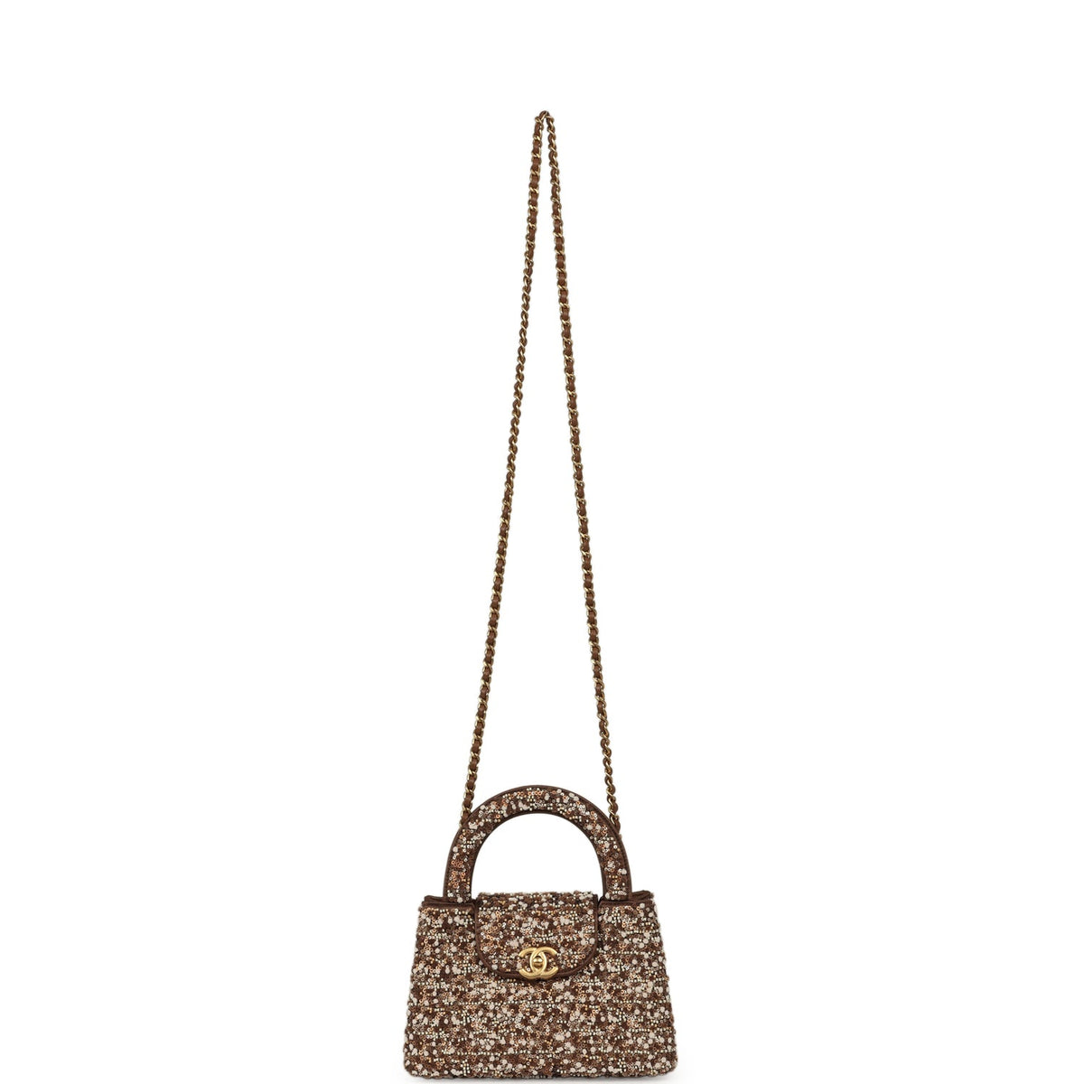 Chanel Small Beaded Kelly Brown, White Sequin, Fabric Brushed Gold Hardware