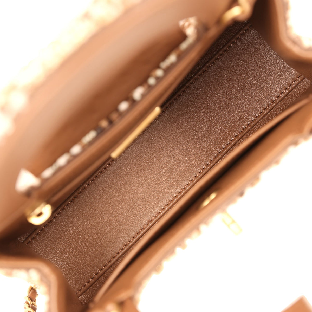 Chanel Small Beaded Kelly Brown, White Sequin, Fabric Brushed Gold Hardware