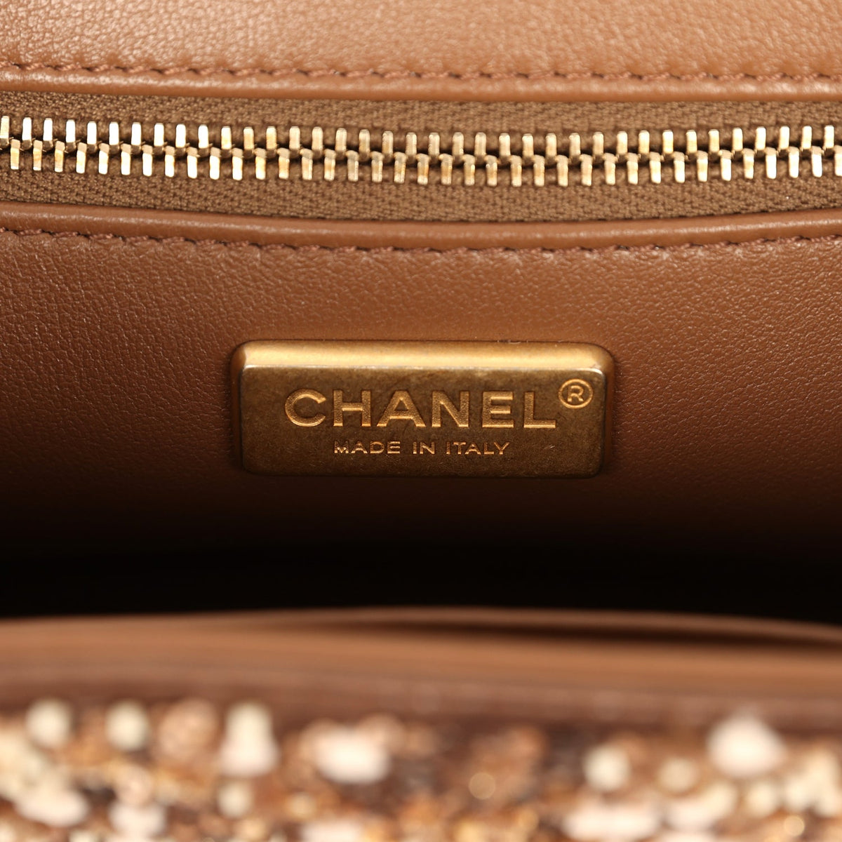 Chanel Small Beaded Kelly Brown, White Sequin, Fabric Brushed Gold Hardware
