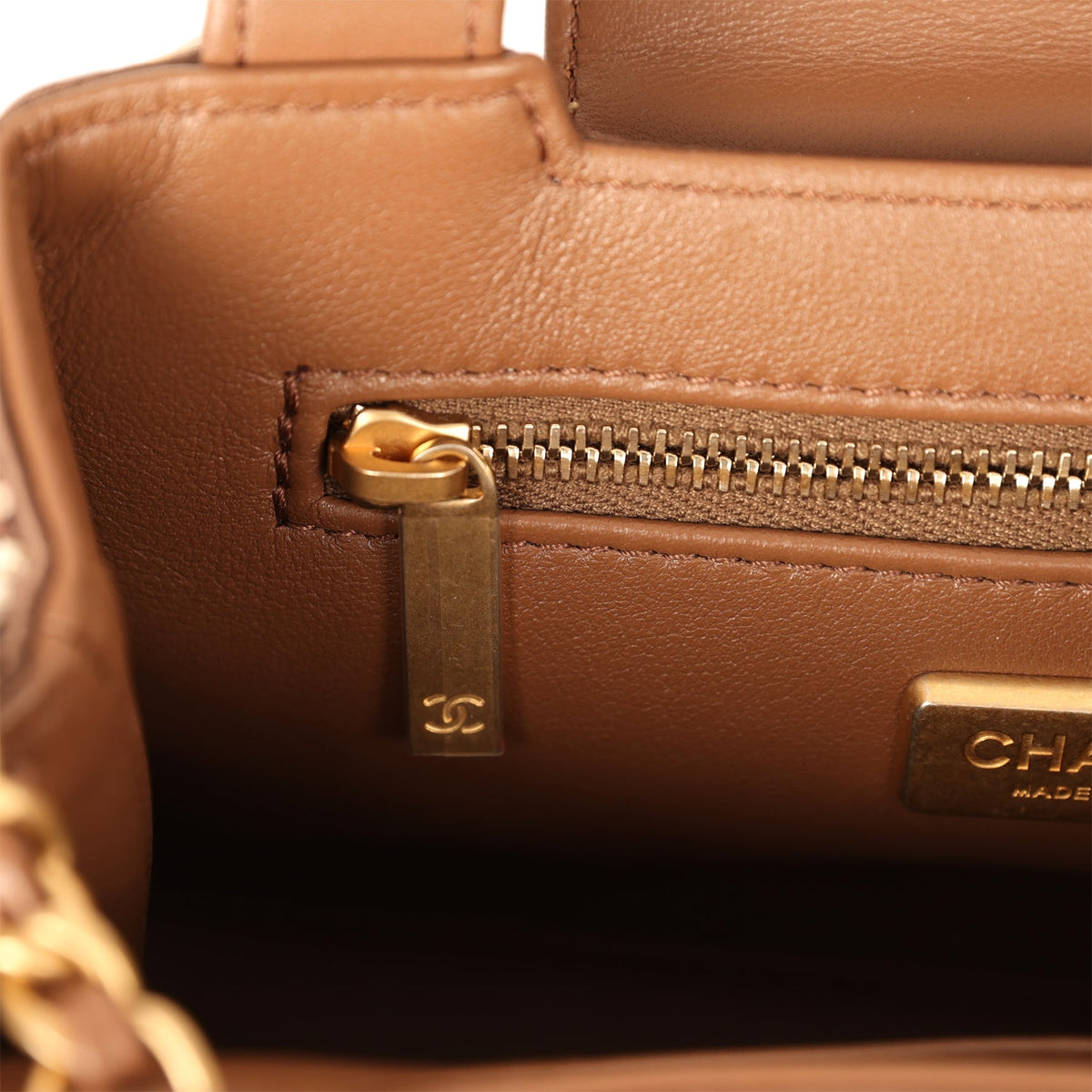 Chanel Small Beaded Kelly Brown, White Sequin, Fabric Brushed Gold Hardware