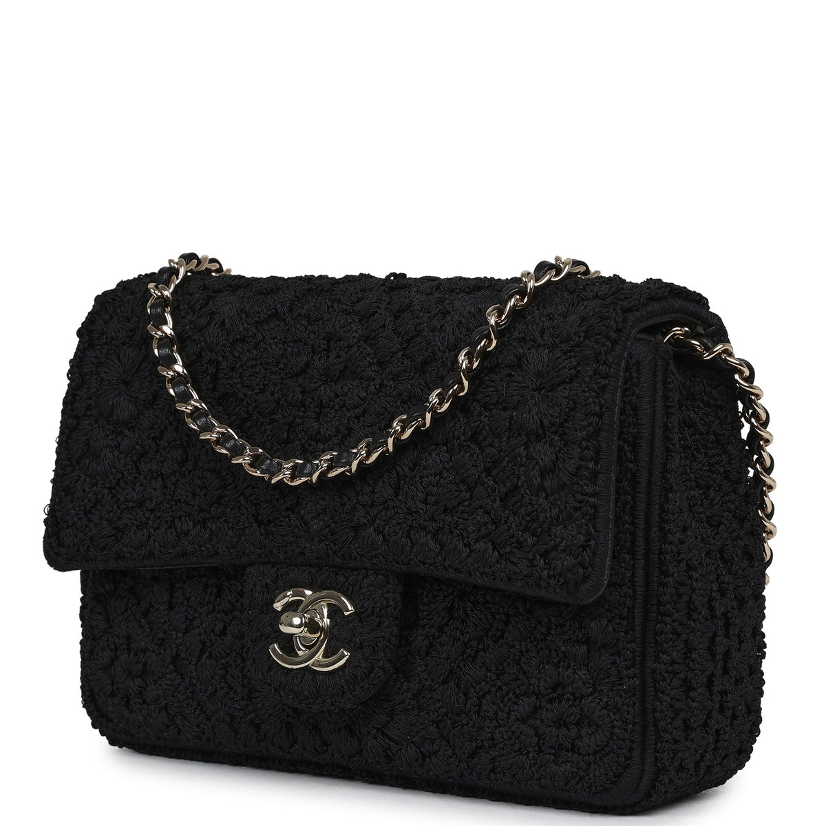 Chanel Mini "Coco Boho" Flap Bag Black Crochet Light Gold Hardware