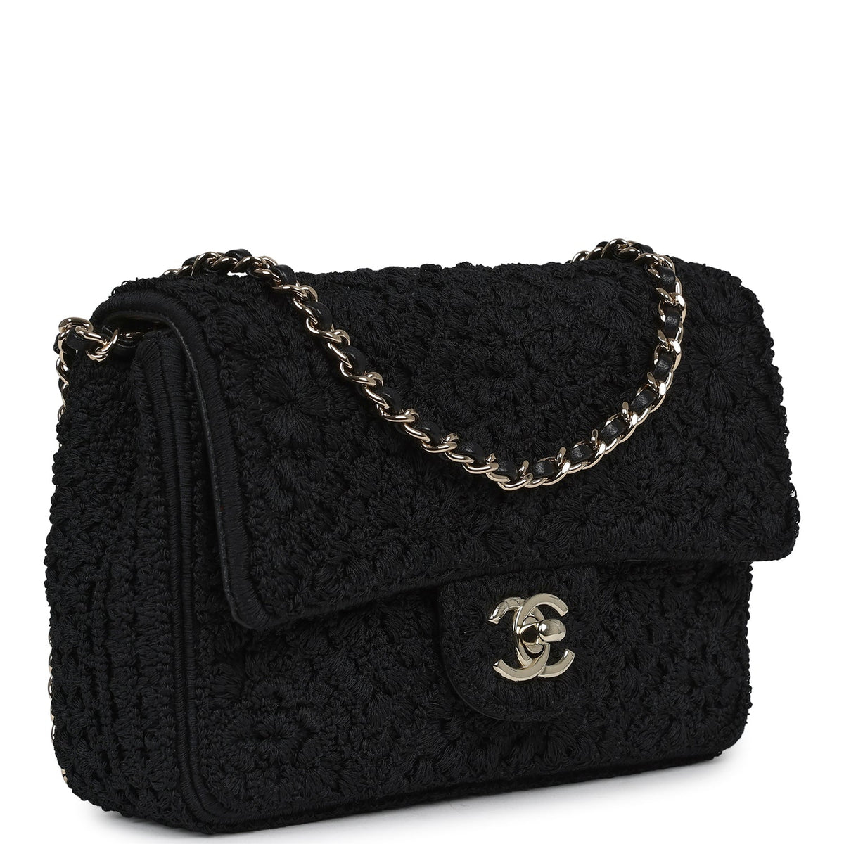 Chanel Mini "Coco Boho" Flap Bag Black Crochet Light Gold Hardware