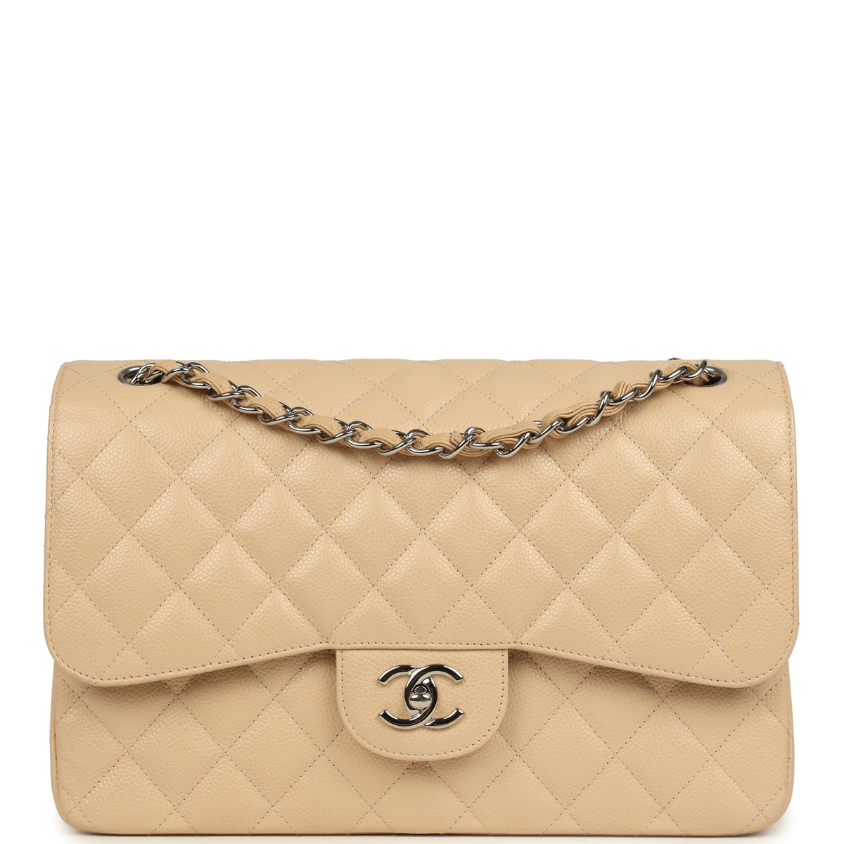 Pre-owned Chanel Jumbo Classic Double Flap Bag Light Beige Caviar Silver Hardware