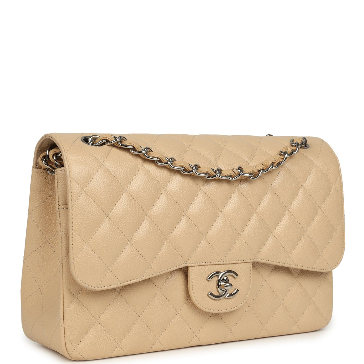 Pre-owned Chanel Jumbo Classic Double Flap Bag Light Beige Caviar Silver Hardware