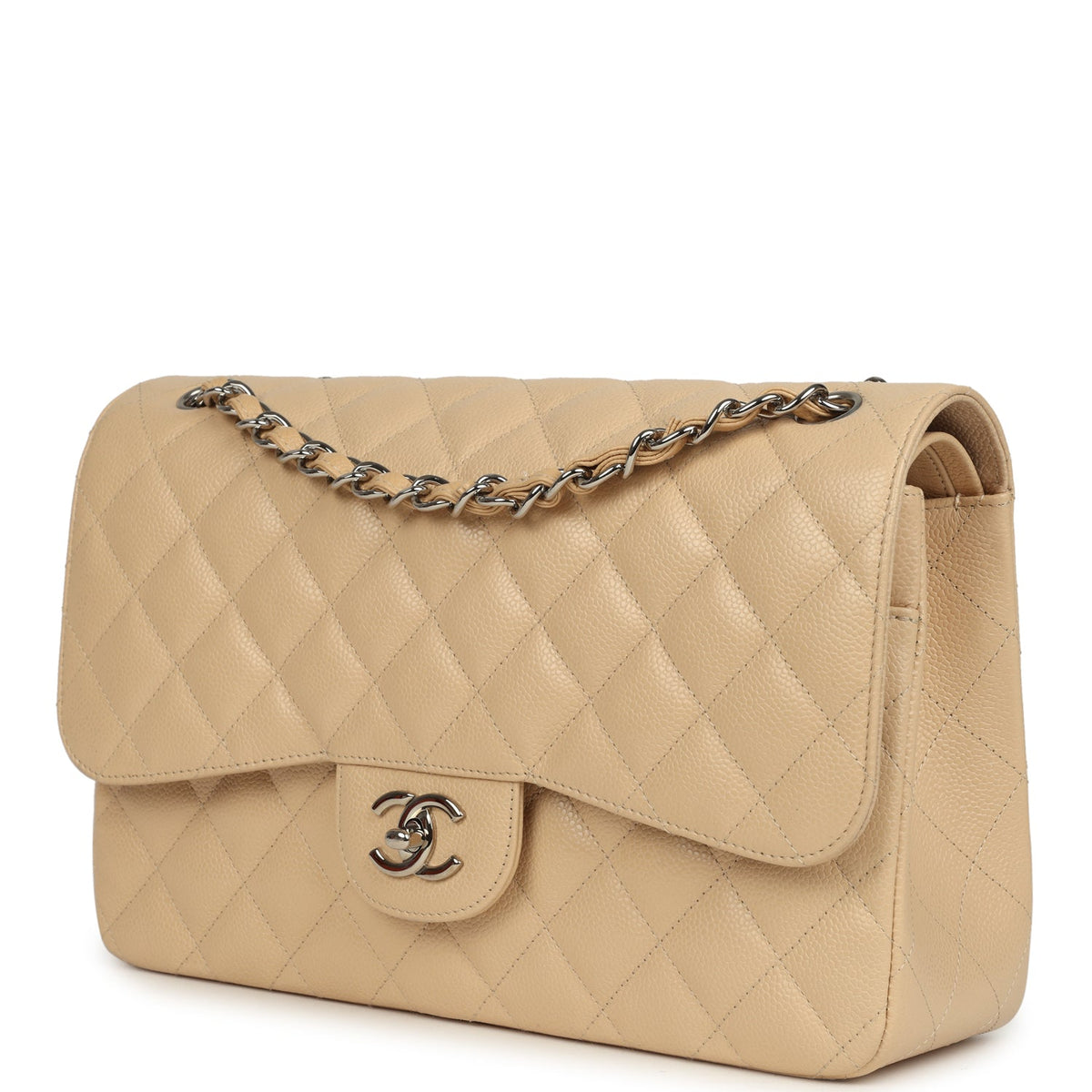 Pre-owned Chanel Jumbo Classic Double Flap Bag Light Beige Caviar Silver Hardware