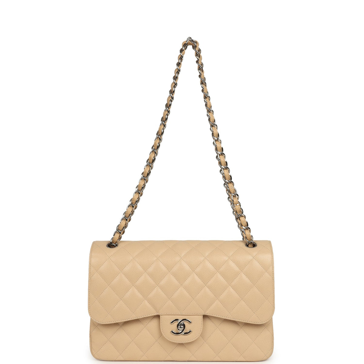 Pre-owned Chanel Jumbo Classic Double Flap Bag Light Beige Caviar Silver Hardware