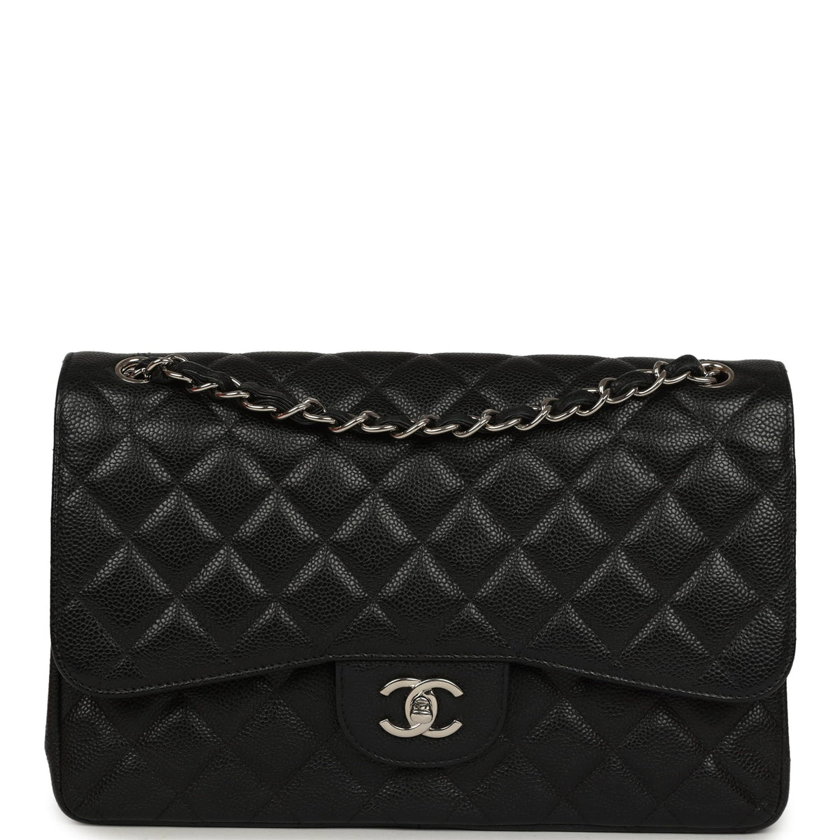 Pre-owned Chanel Jumbo Classic Double Flap Bag Black Caviar Silver Hardware