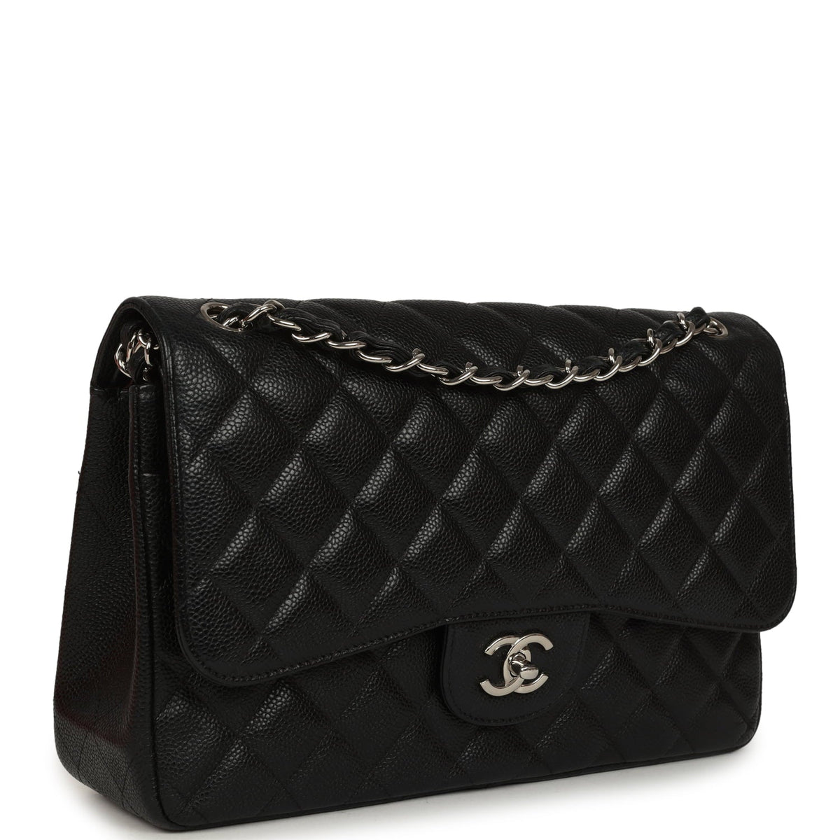 Pre-owned Chanel Jumbo Classic Double Flap Bag Black Caviar Silver Hardware