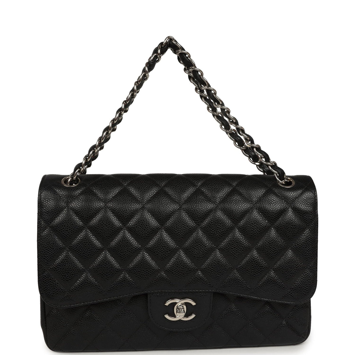 Pre-owned Chanel Jumbo Classic Double Flap Bag Black Caviar Silver Hardware