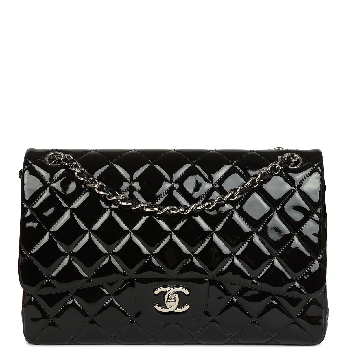 Pre-owned Chanel Jumbo Classic Double Flap Bag Black Patent Silver Hardware
