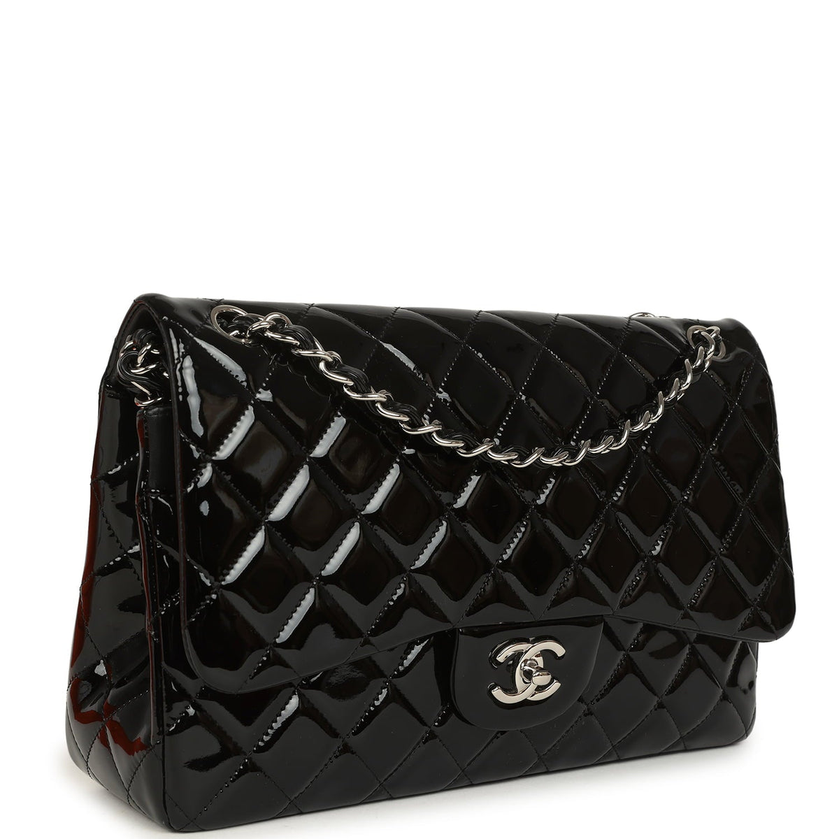 Pre-owned Chanel Jumbo Classic Double Flap Bag Black Patent Silver Hardware