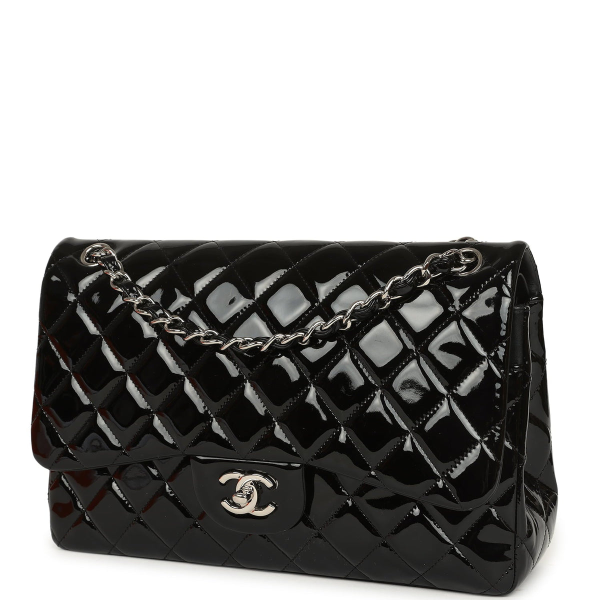 Pre-owned Chanel Jumbo Classic Double Flap Bag Black Patent Silver Hardware